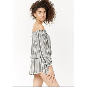 Forever 21 Off The Shoulder Short Dress Womens Size M Gray Cream Striped